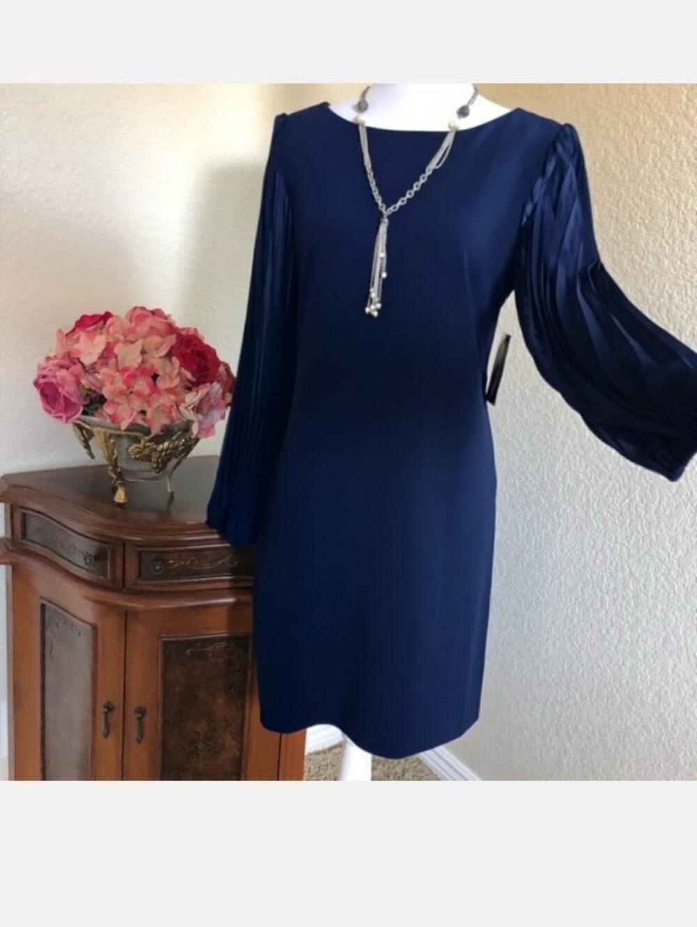 Jessica Howard Navy Blue Sheath Dress Sheer Pleated Balloon Sleeves NWT 10